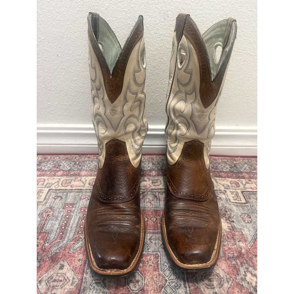 Ariat Womens Brown Cream Leather Square Toe Western Cowboy Boots 9B